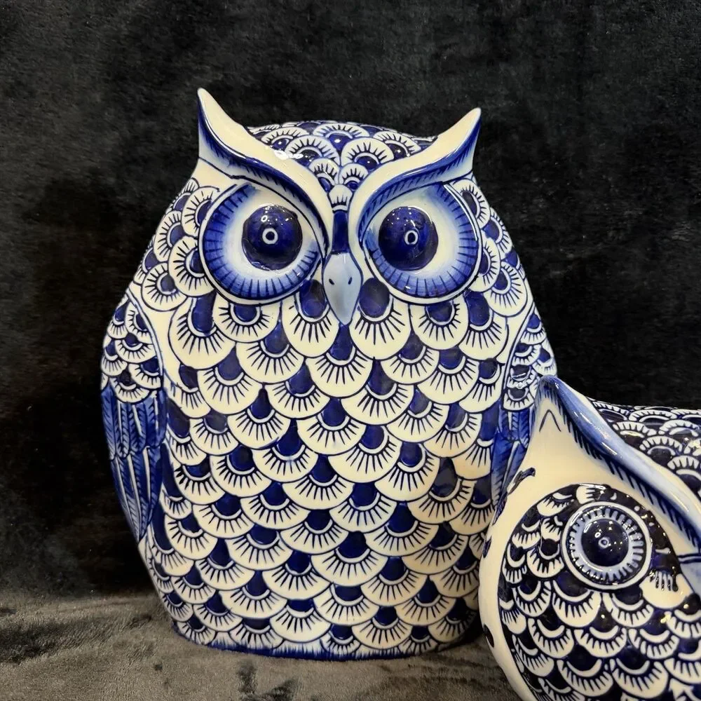 Pier 1 Imports Retired Chinoiserie Owl Decor Large Figurines Set of 2 Ceramic